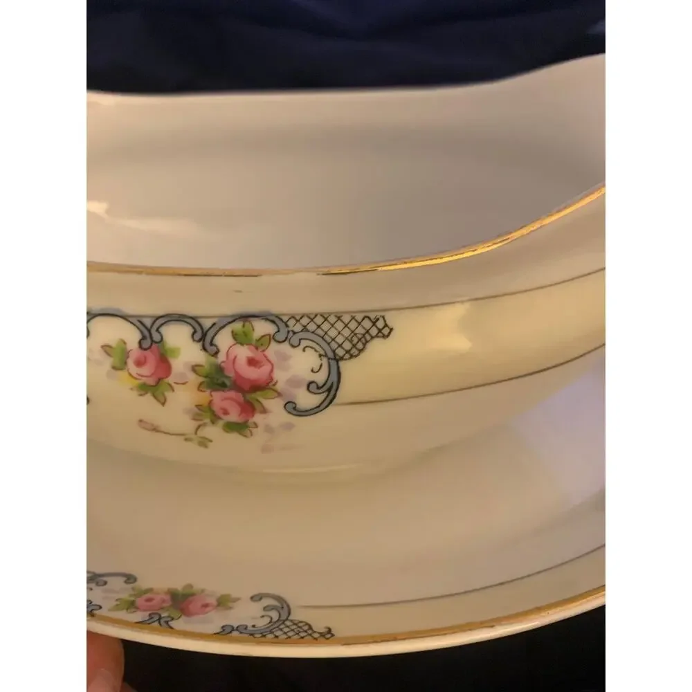Vintage Japan Japanese China Dinnerware Gravy Boat Floral Flowers Scrollwork